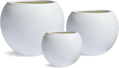 9.7" H x 12" D Globo Fiberstone Round Planter with Drainage Hole, Smooth Finishes, Weather Resistant for Indoor and Outdoor Use, Included 2 Extra Coco Mats (White, 7.8" Pot Opening)