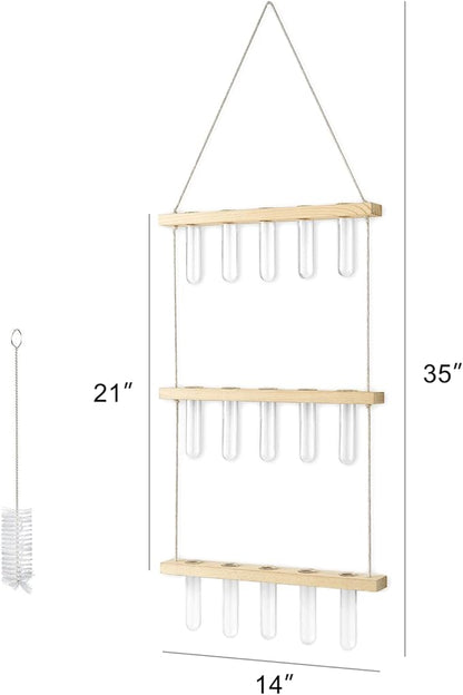 Mkono 3 Tiered Wall Hanging Plant Terrarium with Wooden Stand, Glass Planter for Hydroponic Plant Cutting, Home Garden Office Decor, Gift