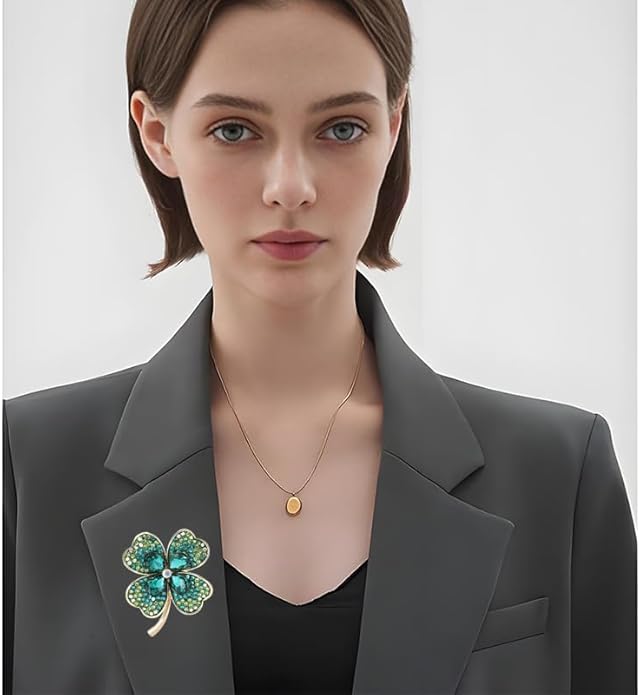 St.Patrick's Day Brooches for Women Dainty Crystal Four Leaf Lapel Pin Shamrock Hat Brooch Pins Irish Enamel Brooches Irish Holiday Costume Accessory Jewelry