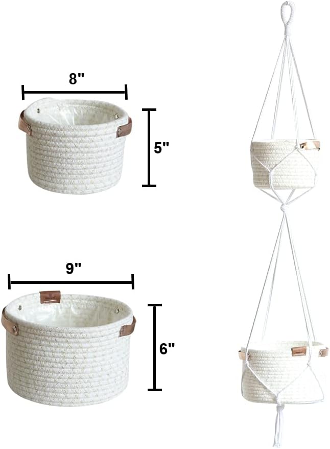 Tiered Macrame Hanging Planter One-Piece Cotton Woven Rope Flower Pots,Indoor Outdoor Home Decor Waterproof Lining Hydroponic Plant Baskets Pots-Glitter White