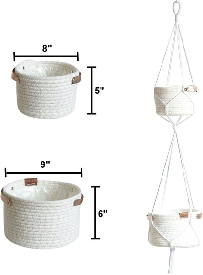 Tiered Macrame Hanging Planter One-Piece Cotton Woven Rope Flower Pots,Indoor Outdoor Home Decor Waterproof Lining Hydroponic Plant Baskets Pots-Glitter White
