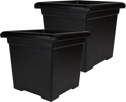 The HC Companies 15.5 Inch Accent Square Plant Pots with Drainage, Lightweight UV-Resistant Plastic Planters for Indoor & Outdoor Plants, 2-Pack Flower Pots for Garden, Office & Home Decor, Black
