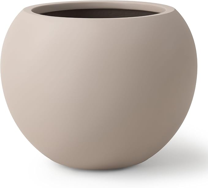 16" H x 20" D Globo Fiberstone Round Planter with Drainage Hole, Smooth Finishes, Weather Resistant for Indoor and Outdoor Use, Included 2 Extra Coco Mats (Taupe, 13.5" Pot Opening)