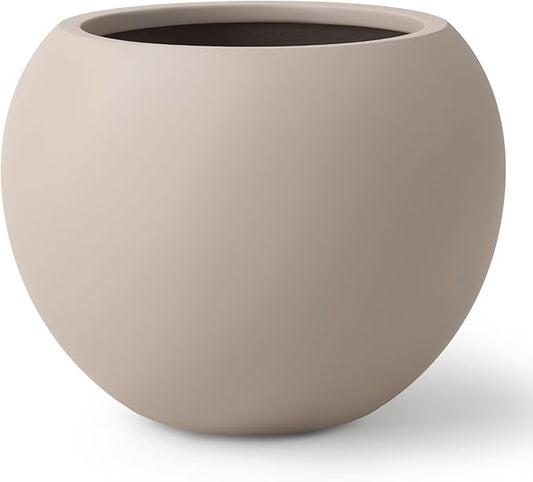16" H x 20" D Globo Fiberstone Round Planter with Drainage Hole, Smooth Finishes, Weather Resistant for Indoor and Outdoor Use, Included 2 Extra Coco Mats (Taupe, 13.5" Pot Opening)