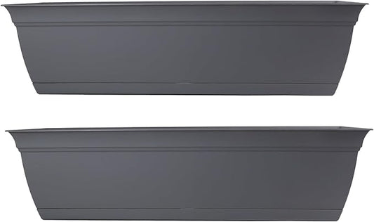 The HC Companies 24 Inch Eclipse Window Planter Box with Drainage Holes & Attached Saucer, Lightweight UV-Resistant Plastic Indoor Outdoor Planters, 2-Pack Flower Box for Garden Home Decor, Warm Gray