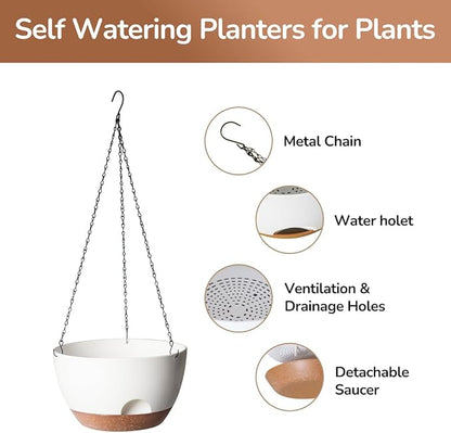 Hanging Planter, 12 Inch Self-Watering Hanging Planters for Indoor Outdoor Plants, Hanging Basket for Plants Flowers Outdoor (White)