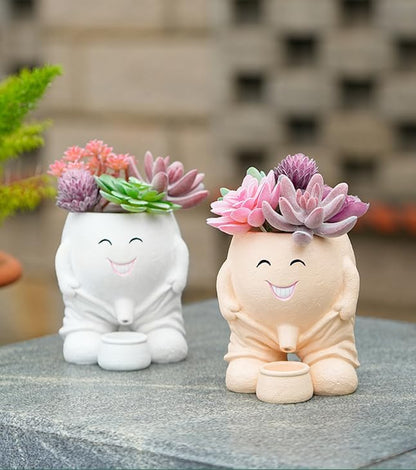 Quirky Cute Planter with Smiley Face,Pee Plant Pot,Naughty Boy Plant Face Pot with Drainage Hole,for Indoor Outdoor, Christmas, Mather's Day Gift(Naughty Boy,White)
