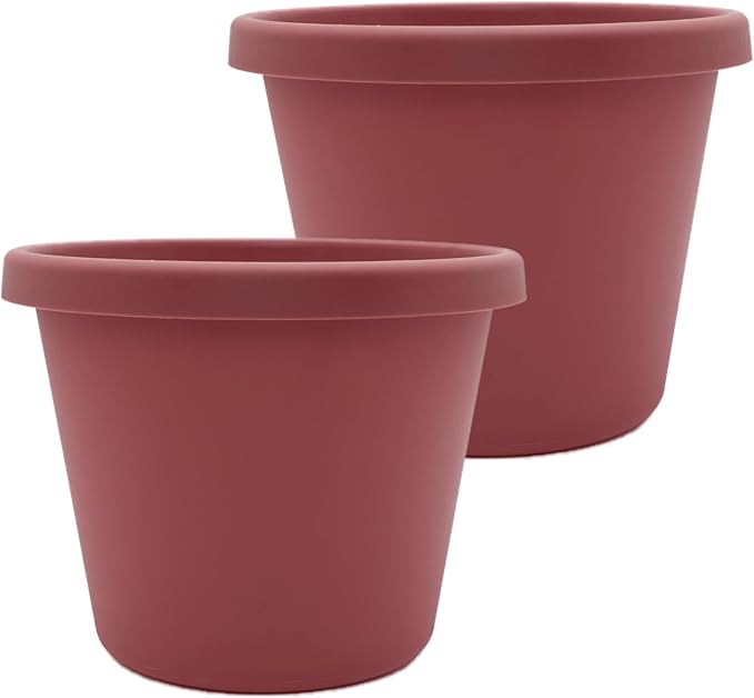The HC Companies 12 Inch Prima Round Planter Pots with Drainage Holes and Rolled Rim, Lightweight UV-Resistant Plastic Indoor & Outdoor Planters, 2-Pack Flower Pots for Garden & Home Decor, Marsala