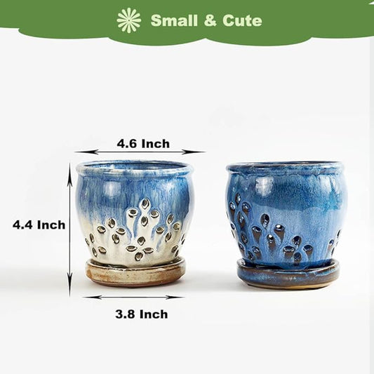 Orchid Pots with Holes Attached Saucers 4.6 Inches - 2 Pcs Small Ceramic Pots for Repotting, Decorative Ceramic Orchid Planter with Hole for Healthy Root Growth Blue Purple