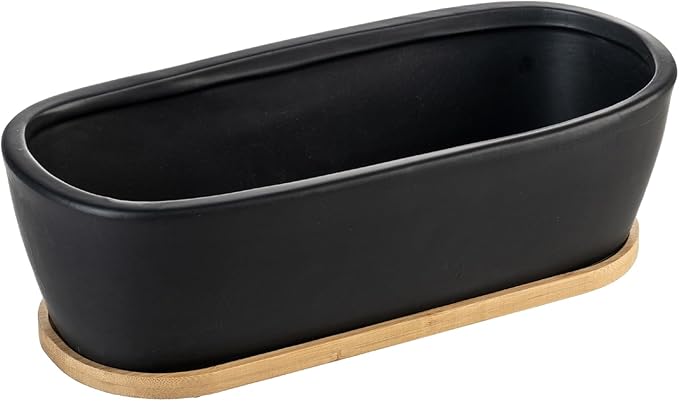 MyGift 14 Inch Oval Modern Matte Black Ceramic Succulent Planter Pot with Drainage Hole and Removable Bamboo Saucer, Decorative Indoor House Plant Container for Flowers, Cactus, Herbs