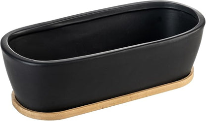 MyGift 14 Inch Oval Modern Matte Black Ceramic Succulent Planter Pot with Drainage Hole and Removable Bamboo Saucer, Decorative Indoor House Plant Container for Flowers, Cactus, Herbs