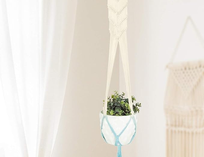 LIVALAYA Macrame Plant Hangers Wall Planter - Blue Ombre 48 Inch, for Indoor or Outdoor, 100% Cotton Rope Hanging Plant Holder with Tassel for Flower Pots and Succulents - Modern Boho Home Décor