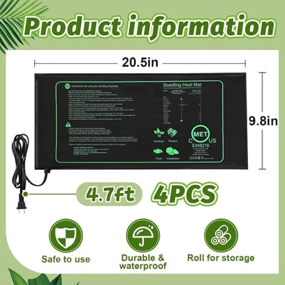 4 PCS Durable Seedling Heat Mat for Plants - 10'' x 20.5'' Bulk Seed Starting Heating Mat for Indoor Grarden Greenhouse, Waterproof Warm Hydroponic Seed Mat for Plant Germination Growth