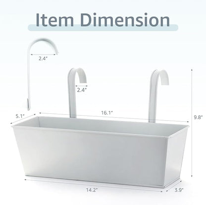 3 Pack Metal Railing Planters, 16 Inch Large Rectangular Hanging Flower Pots with Detachable Hooks & Drainage Holes, Fits Rails up to 2.5", Galvanized Iron Window Box for Balcony Garden - White
