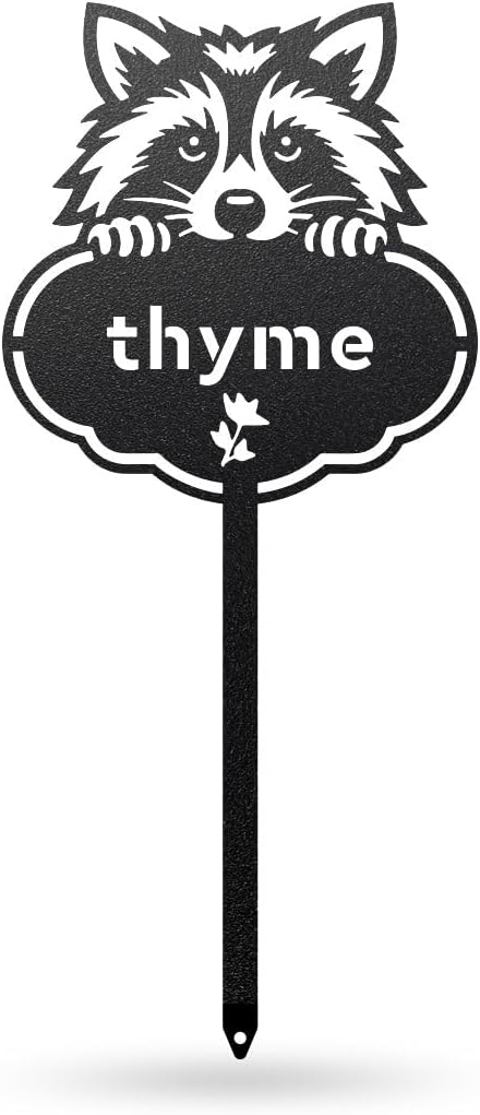 RealSteel Rocky The Raccoon Plant Markers – Cute Metal Garden Labels for Herbs & Vegetables | Outdoor Steel Plant Stakes for Garden, Greenhouse & Raised Beds | Gardening Gift | USA (THYME-B-6X13)