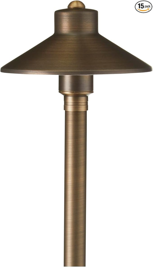 VOLT 15-Pack 12V Cast Brass Flat Hat Path Lights (7" Shade, 24" Tall) with 3W 2700K Warm White G4 LED Bulbs for Low Voltage Landscape Lighting on Outdoor Pathway, Walkway, Garden, Driveway or Patio