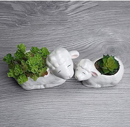 Funnuf Cute Animal White Ceramic Succulent Cactus Flower Planter for Home Garden Office Desktop, 2pcs, Small & Large White Sheep