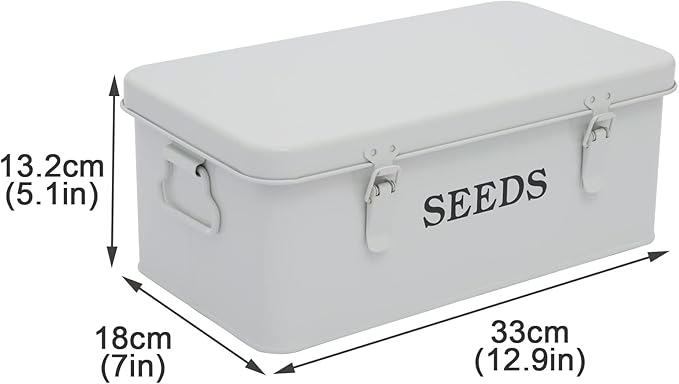 Seed Storage Box Metal Seed Container Seed Packet Storage Organizer, Seed Storage Container with Lid Seed Envelope Storage Box-4 Compartments Garden Seed Box with Safety Locks-White