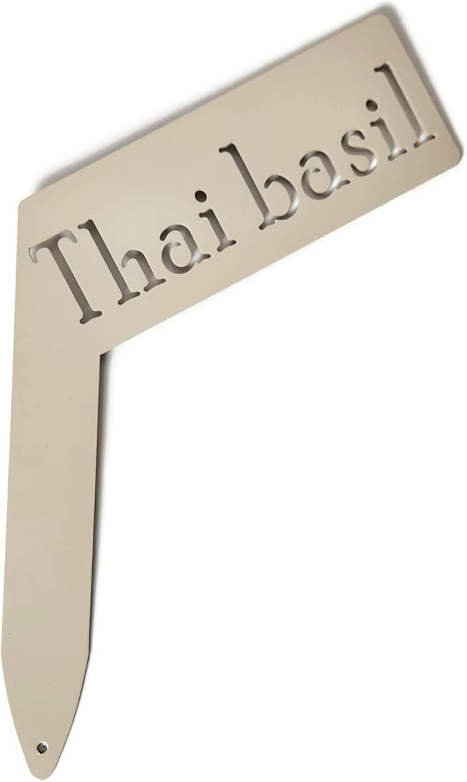 Planter Size Small Metal Garden Plant Vegetable Flower or Herb Markers 13.5 Inches Tall (Thai basil, Cream)