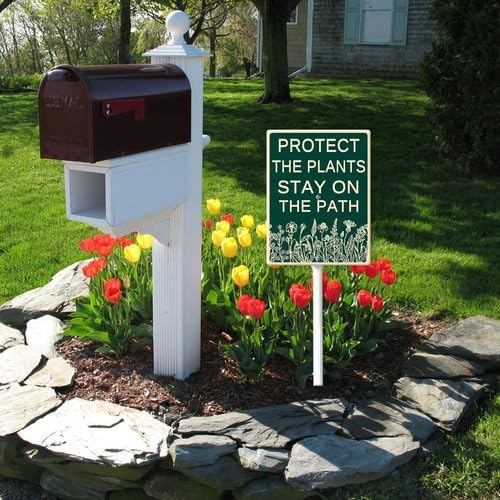 FemiaD Protect The Plants Stay On The Path Yard Sign with Stake 7x8.8inch Sturdy Aluminum Rustproof Outdoor Lawn Decor for Garden Front Door Outdoor Use Easy to Install