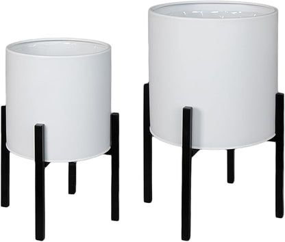 ARNIS Modern Plant Pots, Set of 2 Large Planters with Stand, Decorative Planters, Metal Pots with Drainage Holes for Living Room, Office, Garden or Balcony, 8.25 &10.5 Inch, White