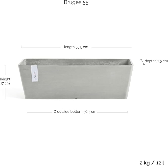 Ecopots Modern Recycled Bruges Plastic Indoor/Outdoor Rectangular Flower Pot Planter, White Grey, 21.5"