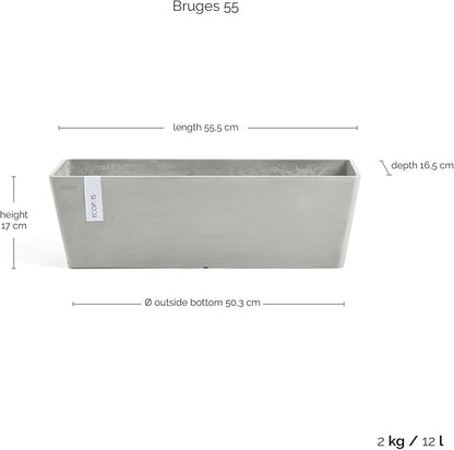 Ecopots Modern Recycled Bruges Plastic Indoor/Outdoor Rectangular Flower Pot Planter, White Grey, 21.5"
