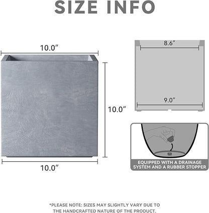 Kante 10 Inch Square Concrete Planter for Outdoor Indoor Home Patio Garden, Large Plant Pot with Drainage Hole and Rubber Plug, Slate Gray