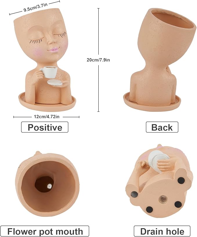 Face Planter Pots, Resin Face Planter for Indoor/Outdoor Plants,Head Planter with Drainage Hole/Removable Saucer,Girl Holding Coffe (Coffee, Skin)
