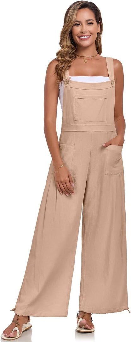 ALSOGO Womens Wide Leg Overalls Loose Beach Vacation Outfits Jumpsuits 2025 Causal Sleeveless Rompers with Pockets