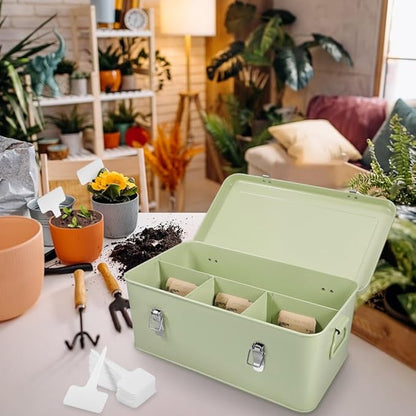 Picowe Metal Seed Storage Box Kit - 30 Seed Envelope Bags & 30 White Plant Labels for Organizing, Saving, and Storing Garden Seeds - Container for All Seed Types (Green, Large)
