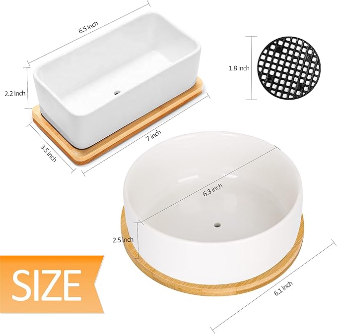White Ceramic Succulent Plant Pots, 1 Rectangular Flower Pot + 1 Round Planter, Set of 2 Small Cactus Container, Bonsai Pots, Succulent Pots with Drainage Hole& Bamboo Tray (No Plant)
