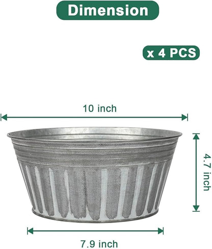 vensovo 10 Inches Silver Metal Rustic Plant Pots - 4 Pcs Large Shallow Galvanized Planters with Drain Hole and Rubber Plug, Rustproof Tin Bucket Succulent Pot Indoor Farmhouse Vintage Style for Decor