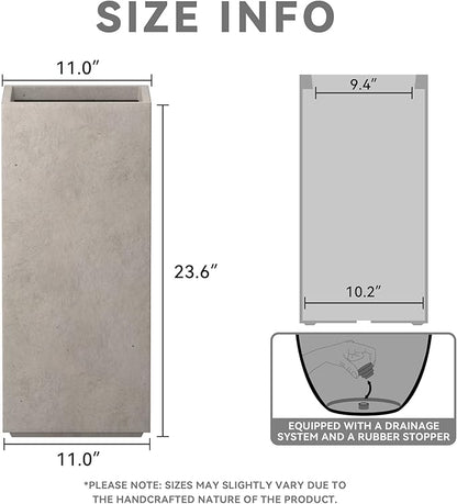 Kante 23.6" H Tall Rectangular Concrete Planter, Modern Square Diameter Plant Pot with Drainage Hole and Rubber Plug for Indoor Outdoor Home Patio Garden, Weathered Concrete