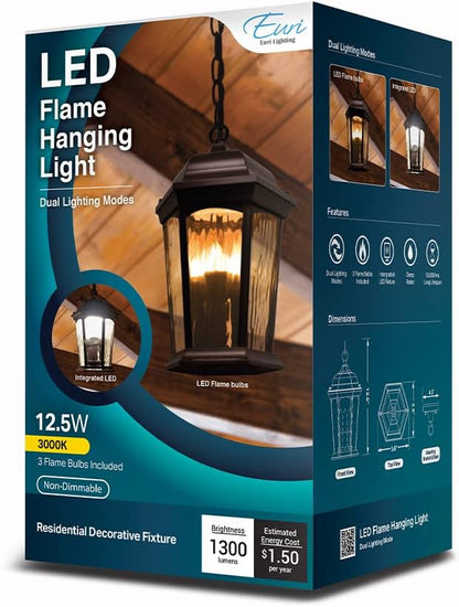 Euri Lighting EHL-130W-MD, Flickering Flame Hanging Lantern, Water Glass, with Integrated Security Light (3000K), Wall Switch Selectable Function, Water Glass, Oil Rubbed Bronze Housing