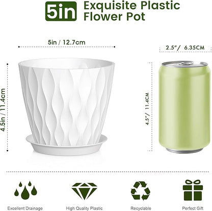5 inch Plant Pots for Indoor Outdoor Plants, 6 Pack Thick Nursery Pots with Drainage Holes and Saucers, 3D Modern Wave Texture Small Plastic Planter Flower Pots for Succulent, Herb, White