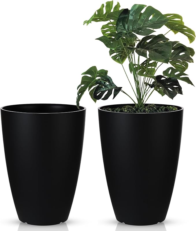 2 Pack 14 Inch Tall Planters for Outdoor Indoor Plants, Black Round Resin Plant Flower Pots with Drainage Hole for Front Porch Patio Garden Deck Living Room Decor