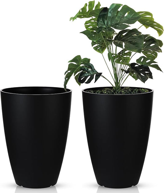 2 Pack 14 Inch Tall Planters for Outdoor Indoor Plants, Black Round Resin Plant Flower Pots with Drainage Hole for Front Porch Patio Garden Deck Living Room Decor