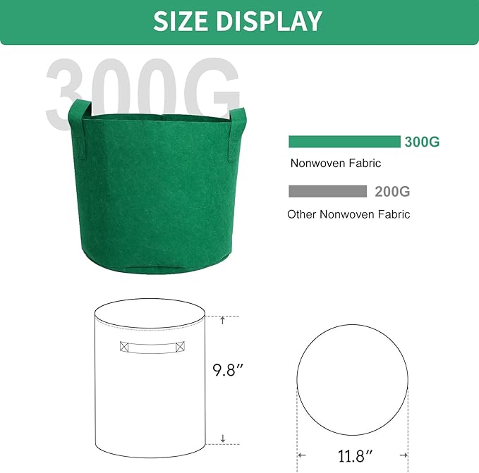 5 Gallon Plant Grow Bags, Green Fabric Pots with Handles, 11.8 * 9.8 Inch Nonwoven Fabric Planters for Vegetables and Potatoes, 5 Pack
