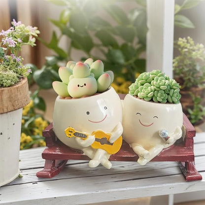 Smiley Face Planter Pot, Cute Funny Heart Rocking Chair Double Head Face Planter Pot with Unique Guitar and Microphone for Indoor Outdoor, Succulent Flower Pots with Drainage Hole ﻿