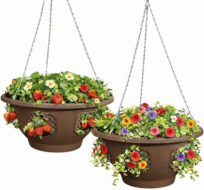 Ultimate Hanging Baskets - Strawberry, Tomato, Flower, and Herb Outdoor Planters - Use Garden Pots For Growing Plants Outside On A Deck, Fence, or Balcony (2, Mocha)