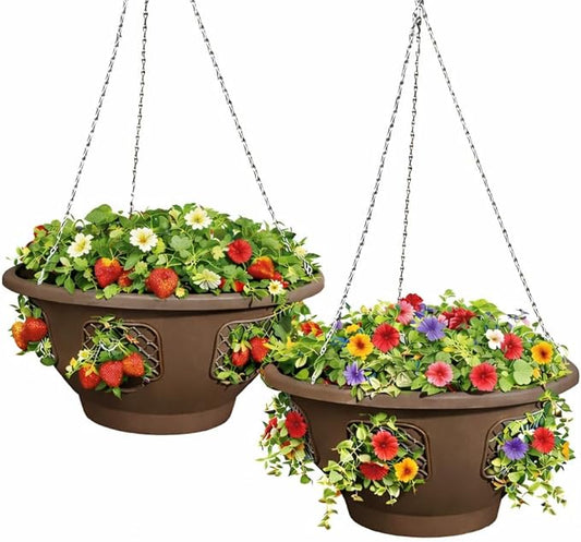 Ultimate Hanging Baskets - Strawberry, Tomato, Flower, and Herb Outdoor Planters - Use Garden Pots For Growing Plants Outside On A Deck, Fence, or Balcony (2, Mocha)