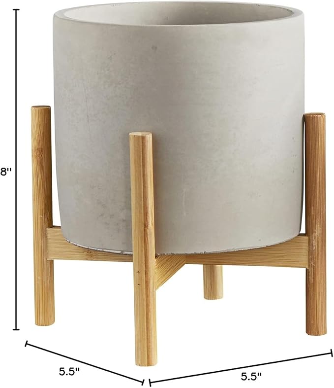 47th & Main Mid-Century Modern Wooden Plant Stand with Cement Planter for Succulents Flowers and More, Large, Light Grey