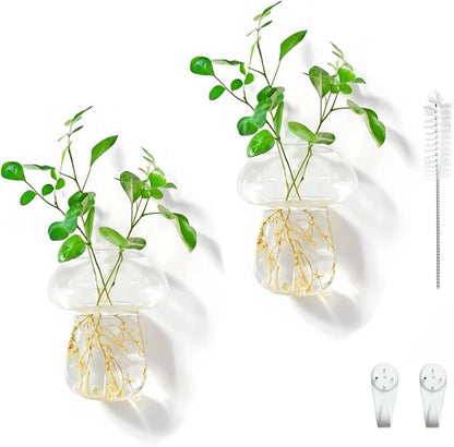 Wall Hanging Mushroom Vase, Small Plant Propagation Stations Cute Mushroom Glass Planter Terrarium Indoor Hydroponic Flower Holder for Elegant Home Decor Gifts, Clear, 2 PCS