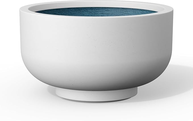 Kante 13.8 Inch Dia Concrete Bowl Planter, Large Tapered Bottom Plant Pot with Drainage, Smooth White Finish with Painted Interior, Ideal for Porch, Home, Garden, Patio