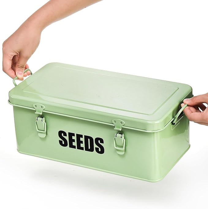 Seed Storage Organizer Box with 4 Compartments, Large Metal Seed Packet Container with Lid & Safety Locks, Garden Seed Bin for Saving Seeds with 50 Plant Labels, 20 Envelopes