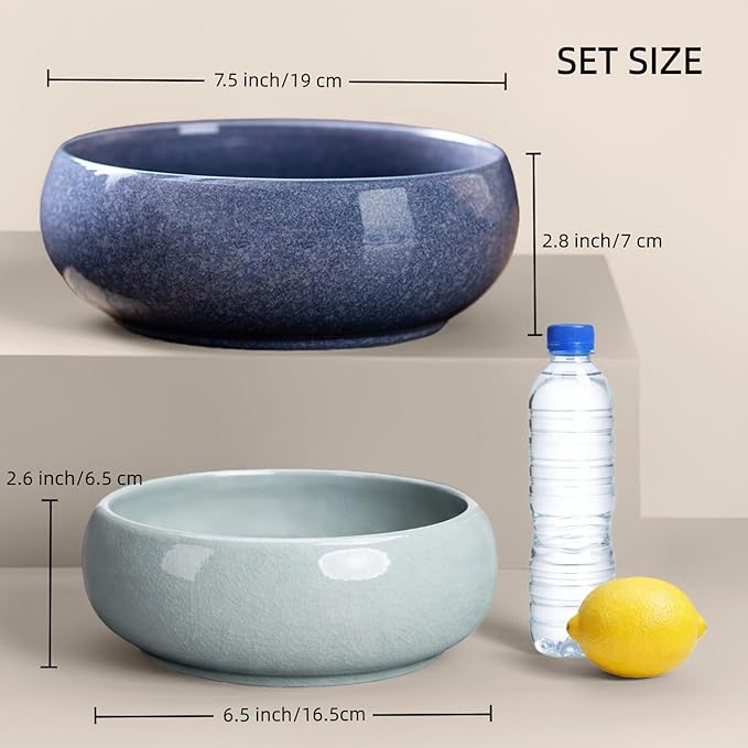 2 Pack Lotus Bowl Planter, Large 7.5'' & Small 6.5'' Shallow Ceramic Water Planting Pot, Drainage-Free Hydroponic Bowl for Lotus Seeds, Ikebana, Succulents & Water Lilies (Sky&Star Series)