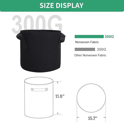 10 Gallon Fabric Grow Bags, Black Nonwoven Plant Pots with Handles, 15.7x11.8 Inches, 5 Pack