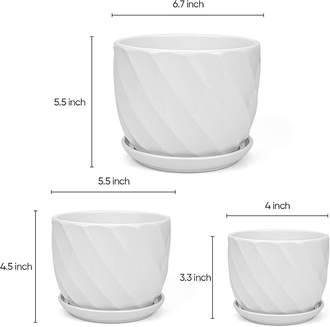 Foraineam Set of 3 Round Modern Ceramic Planter Pot Small to Large Sized Garden Flower Plant Pots White Succulent Cactus Containers with Drainage and Saucer