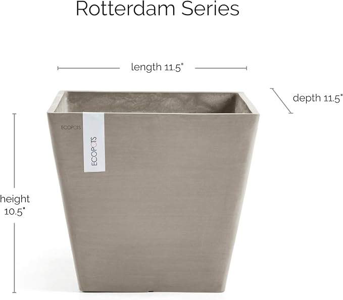 Ecopots Rotterdam Durable Modern Square Indoor/Outdoor Recycled-Based Composite Flower Planter, Taupe, 12"